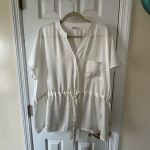 Cream Boxy Short Sleeve Blouse with Mandarin Collar